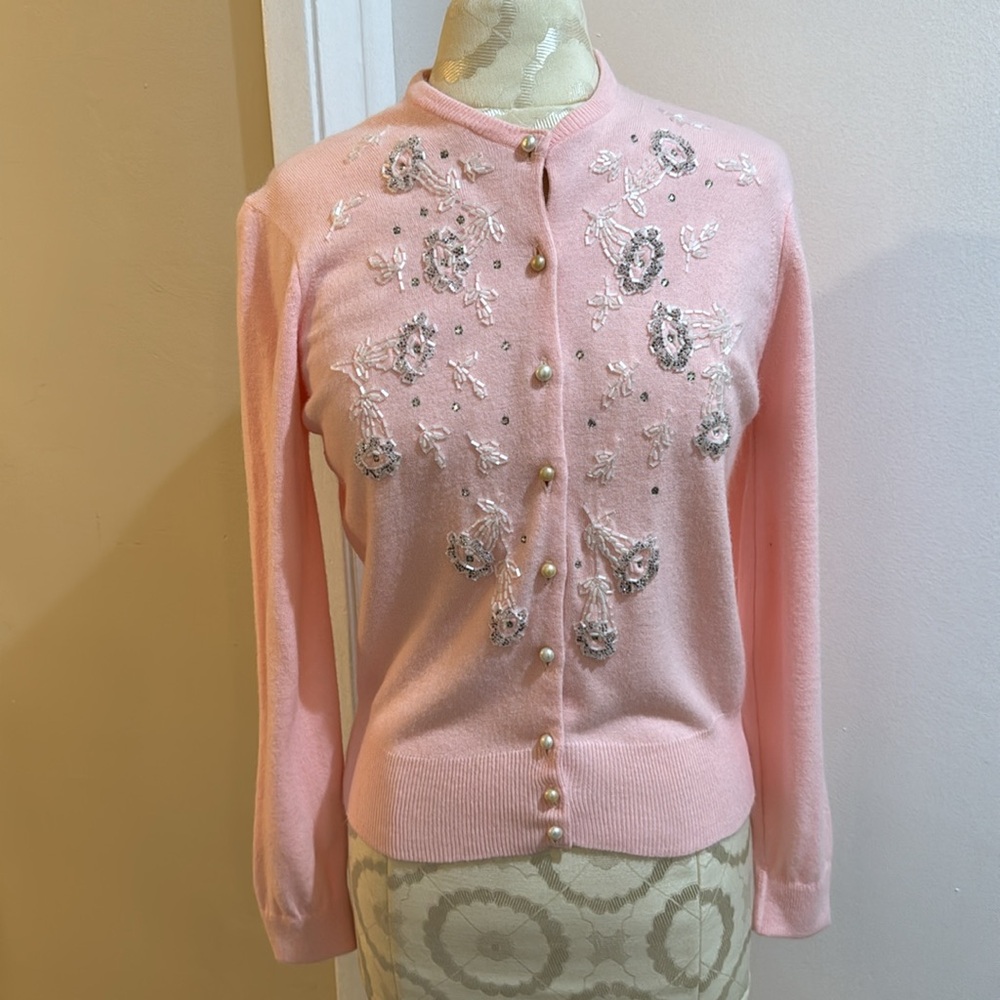 Jane Irwill Vintage Floral Pink Beaded Swarovski Faux Pearl Button Soft Cardigan